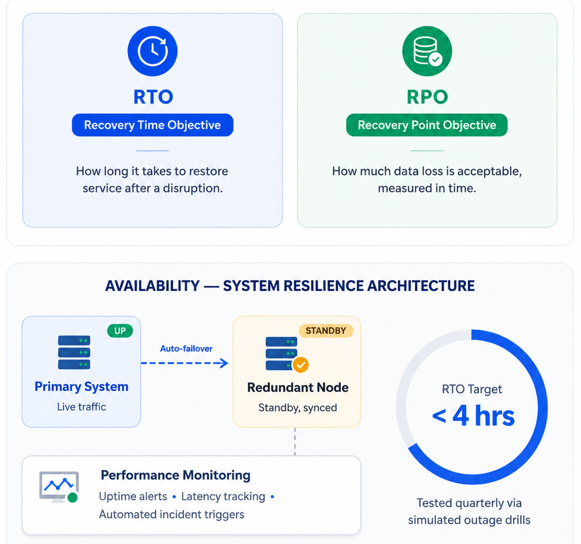 SOC 2 availability architecture showing primary system failover to redundant node with RTO monitoring